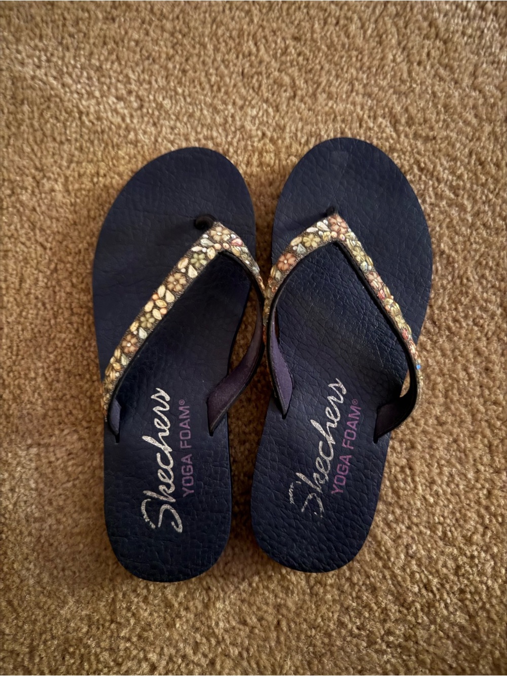 Skechers Women's Navy Flip Flop Sandals with Multicolor Floral Straps
